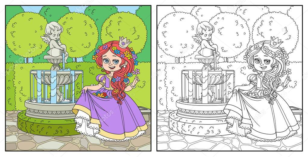 Cute cartoon princess girl in palace Park with Cupid fountain color and outlined for coloring