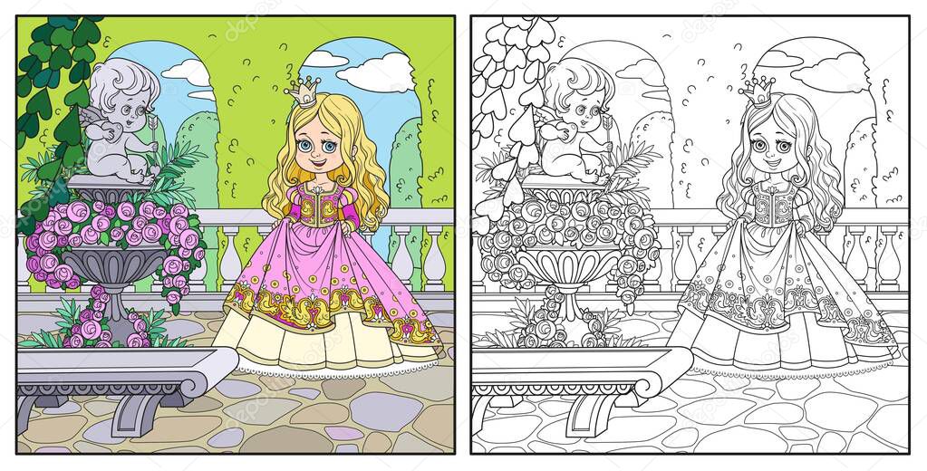 Cute cartoon princess in palace park near garden marble vase with a statue of Cupid color and outlined for coloring page