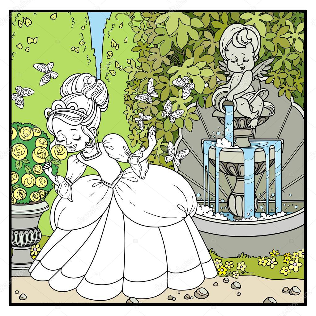 Beautiful princess sniffs a rose flowe in park with a cupid pouring water from a jug a fountain for coloring page
