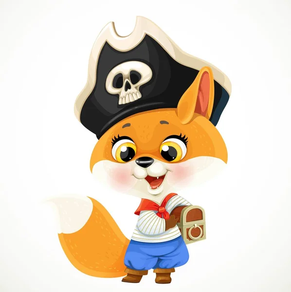 Cute Cartoon Baby Fox Dressed Pirate Costume Treasure Chest Isolated — Stock Vector