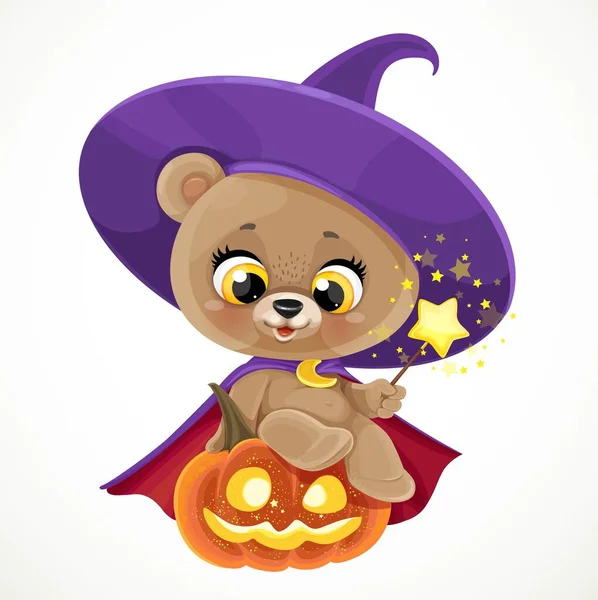 Cute Teddy Bear Sitting Halloween Pumpkin Magic Wand Isolated White — Stock Vector