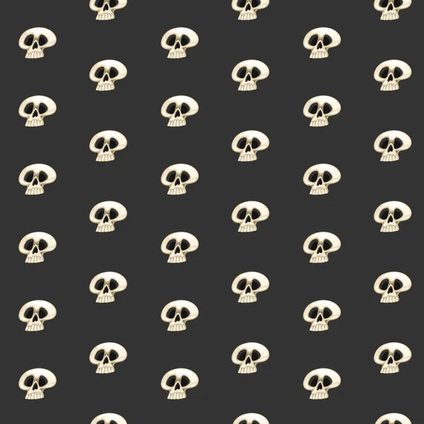 Siyah arka planda beyaz sırıtan kafatasları çizgi filminde kusursuz desen.