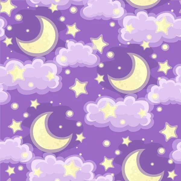 Бесшовный Орнамент Лун Звезд Облаками Фоне Ночного Неба — стоковый вектор