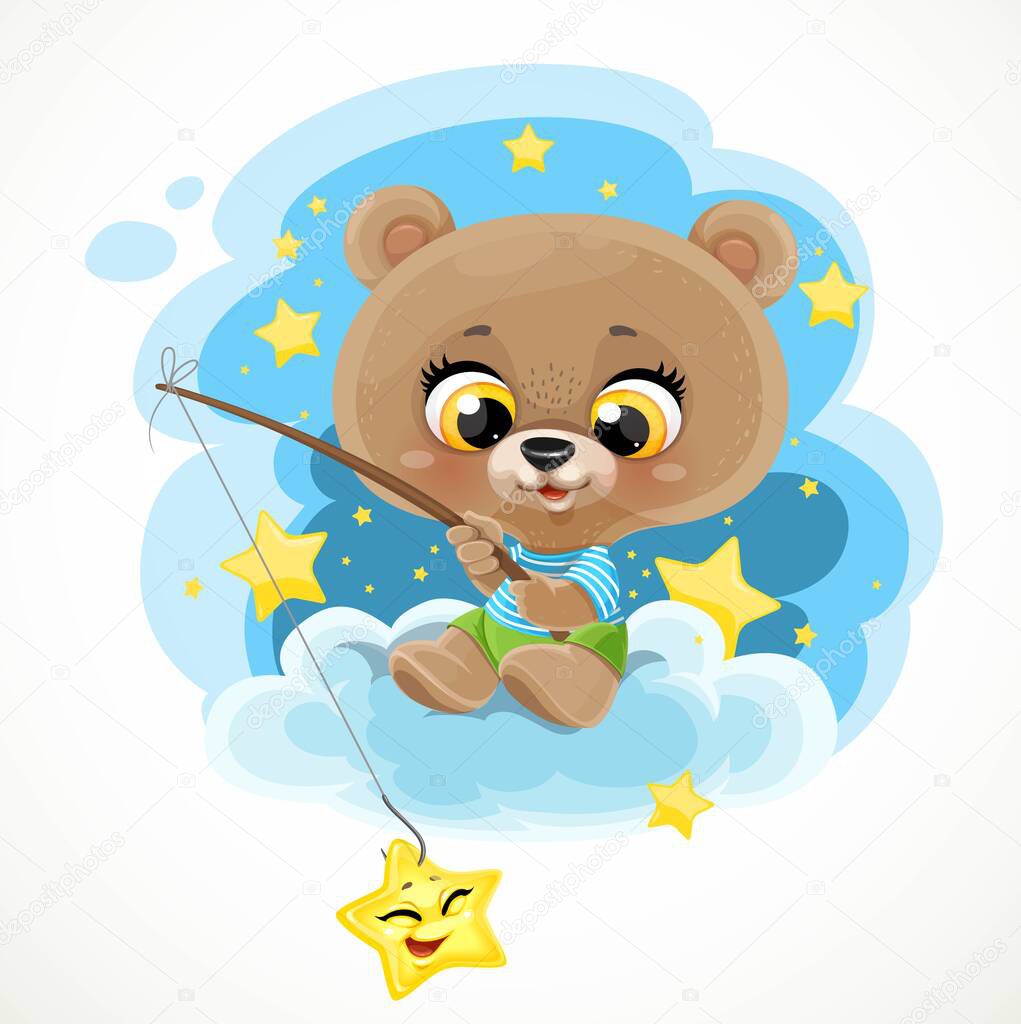 Cute cartoon baby bear sitting on cloud with a fishing rod catches stars against background of the night sky