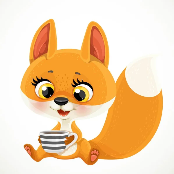 Cute Cartoon Baby Fox Cup Tea Coffee Sit White Background — Stock Vector