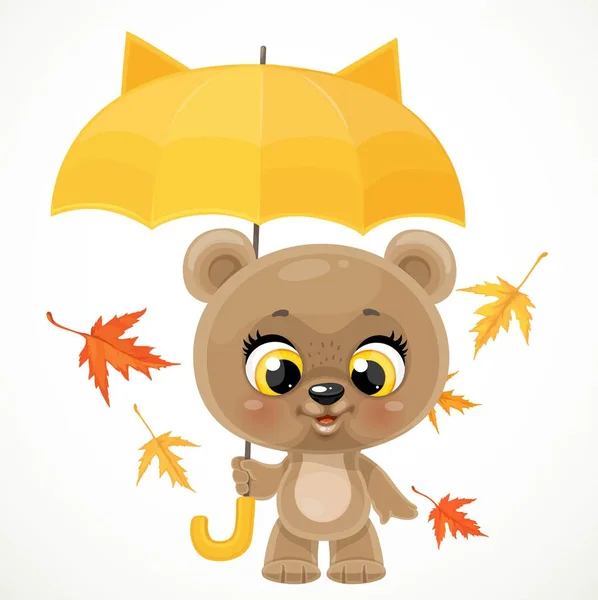Cute Cartoon Baby Bear Yellow Umbrella White Background — Stock Vector