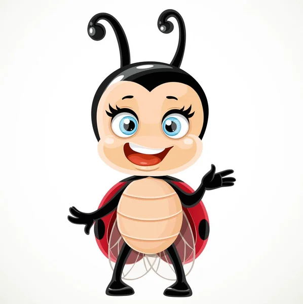 Schattig Gelukkig Cartoon Glimlachen Weinig Lieveheersbeestje Staan Een Witte Achtergrond — Stockvector
