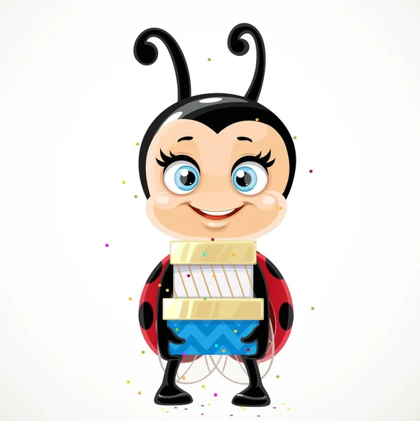 Schattig Gelukkig Cartoon Glimlachen Weinig Lieveheersbeestje Holding Geschenken Feestelijke Verpakking — Stockvector
