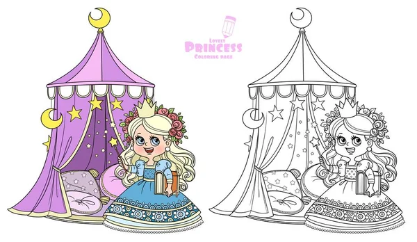 Cute Princess Book His Hands Tent Pillows Outlined Color Coloring — Stock Vector