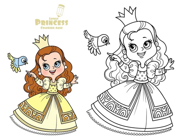 Cute Princess Yellow Dress Small Bird Outlined Color Coloring Book — Stock Vector