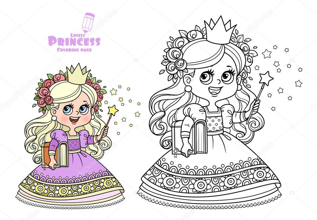 Cute princess with book in hand and a magic wand  outlined and color for coloring book