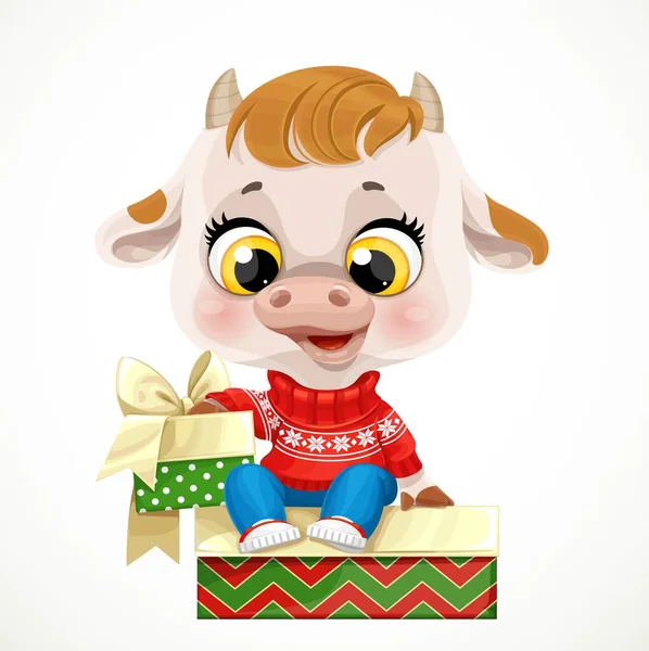 Cute Kreskówki Dziecko Cielę Czerwony Sweter Boże Narodzenie Izolowane Białym — Wektor stockowy