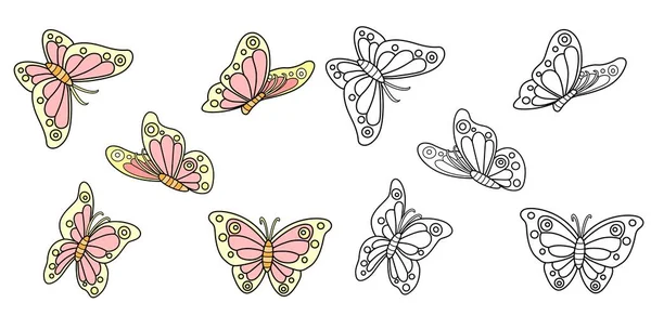 Papillons Printaniers Jaune Rouge Flutter Contour Couleur Sur Fond Blanc — Image vectorielle