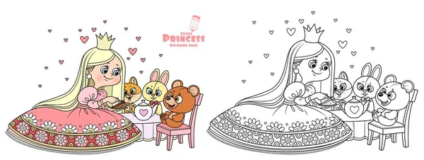Cute Princess Red Dress Feeding Teddy Bear Cake Outlined Color — Stock Vector