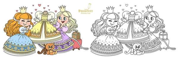 Dwa Słodkie Księżniczka Rozważyć Suknię Balową Manekina Zarysowane Kolor Kolorowanki — Wektor stockowy