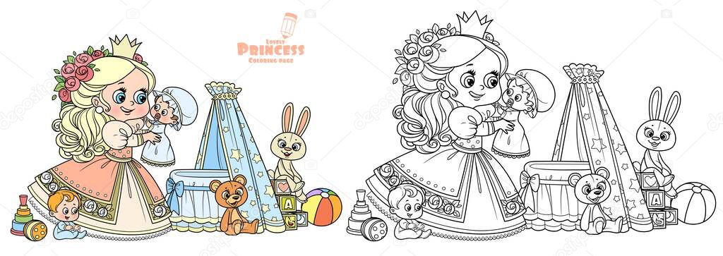 Cute blond princess playing with dolls outlined and color for coloring book