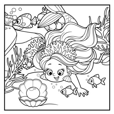 Mercan tacı takmış şirin küçük deniz kızı beyaz arka planda izole edilmiş renkli sayfa için özetlenmiş kabuklu inci için dalıyor.