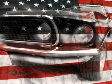 Retro araba ve Amerikan bayrağı arka plan