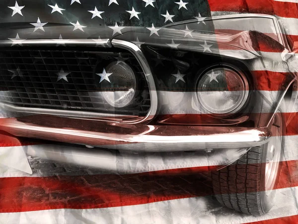 复古车和美国国旗背景 — 图库照片