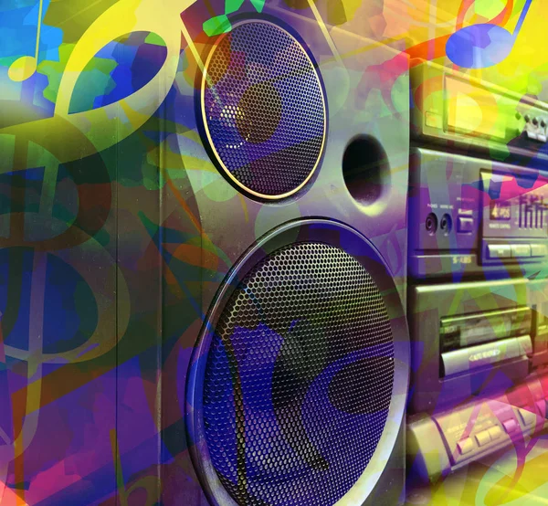 Färgglada Musik Bakgrund Med Stereo Boombox Och Musiknoter — Stockfoto