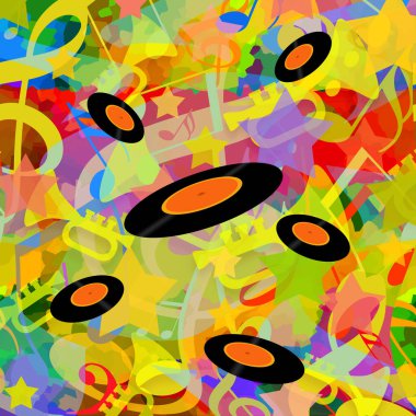 Artalanda çalışır dans müzik notaları ile parlak renkli müzik üstünde vinil yuvarlak yüzey