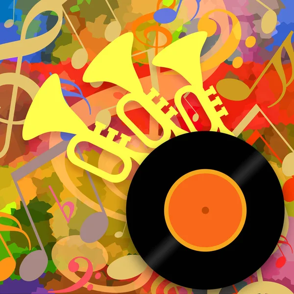 Music background with trumpets and vinyl disc Stock Image