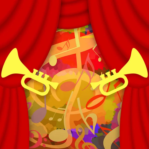 Bright Festive Performance Stage Red Curtains Loud Trumpets Music Notes — Stock Photo, Image