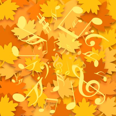 Müzik arka planında müzik sembolleri ve sarı akçaağaç yaprakları var.