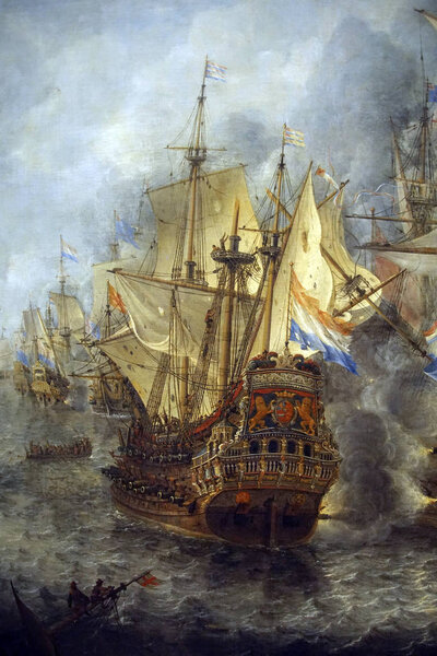 AMSTERDAM, NETHERLANDS - DEC 14, 2018 - Battle of Terheide painting, 1653 of the Anglo Dutch Wars, Rijks Museum, Amsterdam, Netherlands