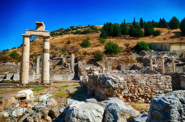 Ionic  columns surround ruins of the gymnasium in Aphrodisias,  Turkey