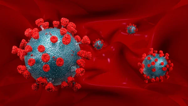 3D Illustration Abstract Virus Model in Organism on Red Background