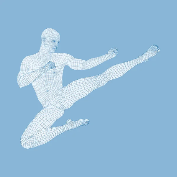 Karate Kung Karate Jump Kick Combatiente Modelo Del Hombre Cuerpo — Vector de stock