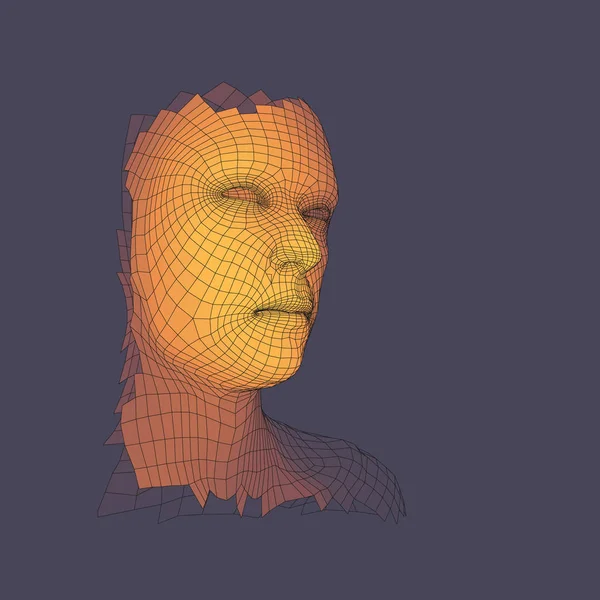 网格中的人的头部 人头钢丝模型 脸部扫描 人的头的看法 几何面设计 多边形覆盖皮肤 矢量插图 — 图库矢量图片