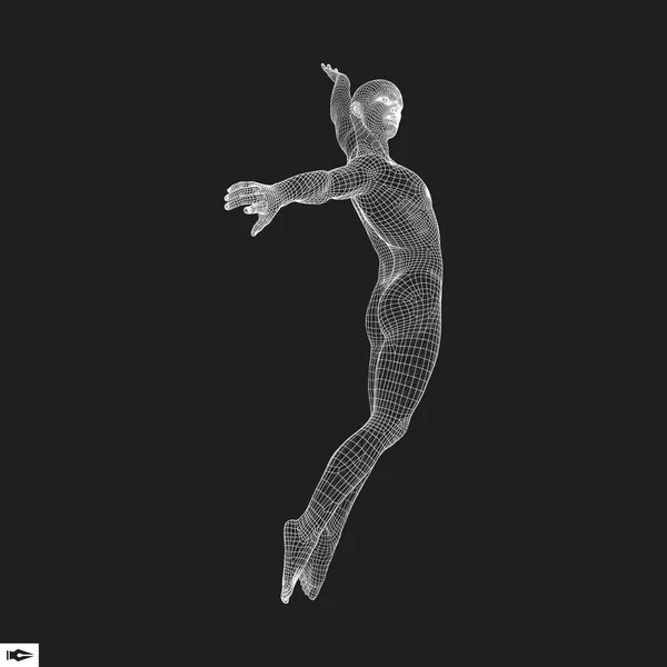 跳跃人多边形设计 人类几何设计模型 科技矢量插画 多边形覆盖皮肤 人类多边形体 人体钢丝模型 — 图库矢量图片