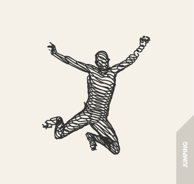 Jumping man. Freedom concept. 3d vector Illustration. Wire connection to virtual reality.  clipart