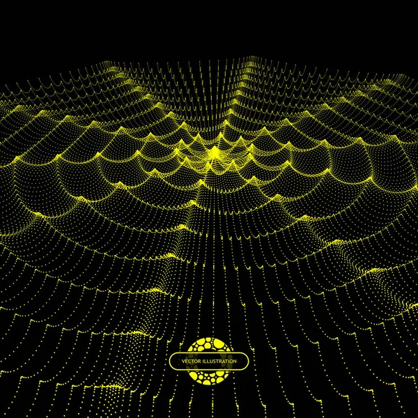 動的粒子の配列 流れる粒子波 波状のグリッドの背景 の抽象的なベクトル図 — ストックベクタ