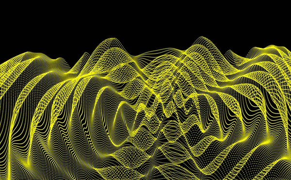 リップル効果のある3D波背景 粒子のベクトル図 三次元グリッド面 — ストックベクタ