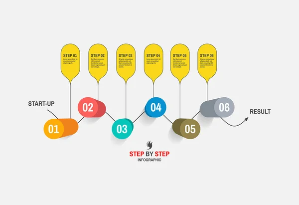六つのステップを持つスタートアップ インフォ グラフィック テンプレート ビジネス コンセプトです マーケティング 分析のためのベクトル図 — ストックベクタ