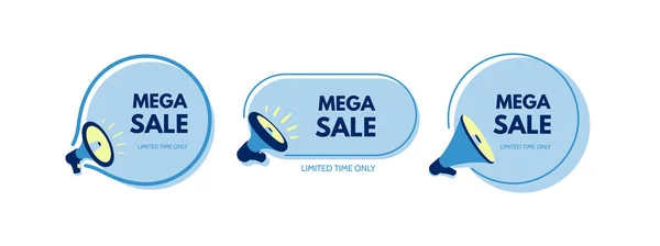 Sprzedam Mega Megafon Mowy Bańka Koncepcja Promocji Reklamy Naklejki Dla — Wektor stockowy