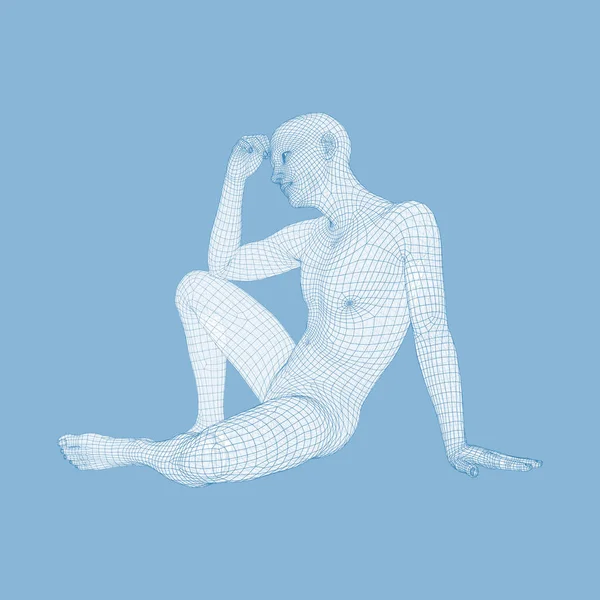 Mann Denkerpose Modell Des Menschen Geometrisches Design Menschlicher Körper Draht — Stockvektor