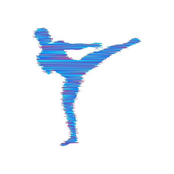 Kickbox-Kämpfer bereitet sich auf einen hohen Kick vor. Silhouette eines kämpfenden Mannes. Design-Vorlage für den Sport. Emblem für Ausbildung. Vektorillustration. — Stockvektor