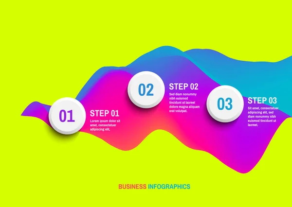 3 つのステップを持つスタートアップ インフォ グラフィック テンプレート。ビジネス コンセプトです。動的な効果を持つ 3 d の波状の背景。マーケティング、調査、統計、分析のためのベクトル図. — ストックベクタ