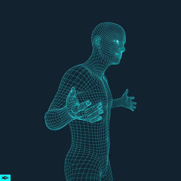 3D-Modell des Menschen. menschlicher Körper Draht Modell. Gestaltungselement. Technologie Vektor Illustration. — Stockvektor