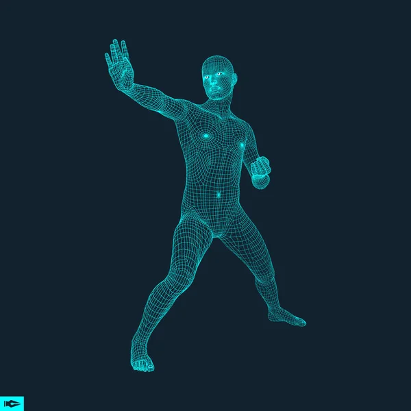 Vector hombre con la mano arriba para parar. Humano mostrando un gesto de alto. Modelo 3D del hombre. Ilustración vectorial 3D . — Vector de stock