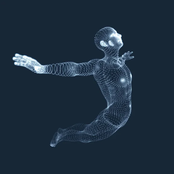 Homem Saltador. Gráficos vetoriais compostos por partículas. Modelo 3D do Homem. Modelo do Corpo Humano. Escaneamento corporal. Vista do Corpo Humano . — Vetor de Stock