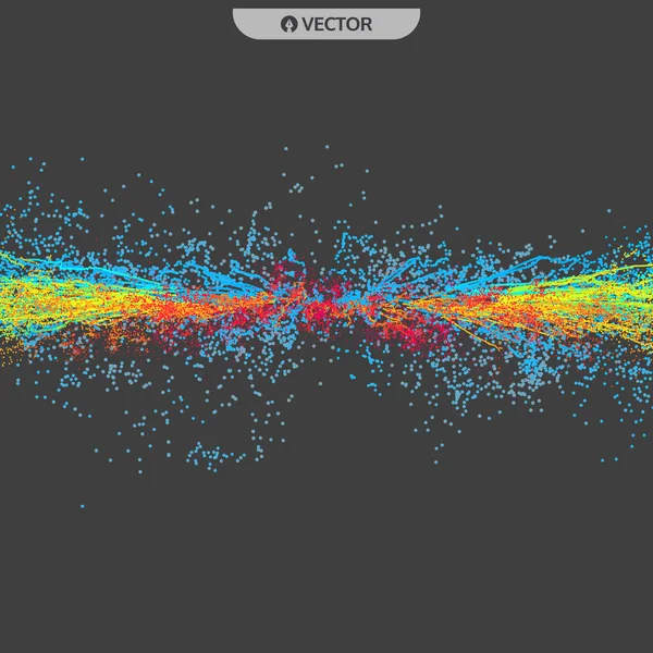 Ponto explode. Array com partículas dinâmicas emitidas. 3d estilo de tecnologia. Fundo abstrato. Ilustração vetorial. — Vetor de Stock