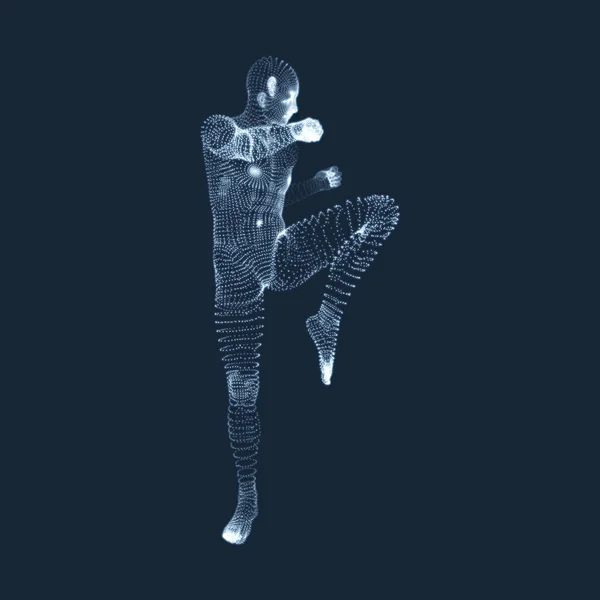 Kickbox Fighter Preparándose para ejecutar una patada alta. Fitness, Sport, Training and Martial Arts Concept. Modelo 3D del Hombre. Cuerpo humano. Elemento de diseño. Ilustración vectorial . — Vector de stock