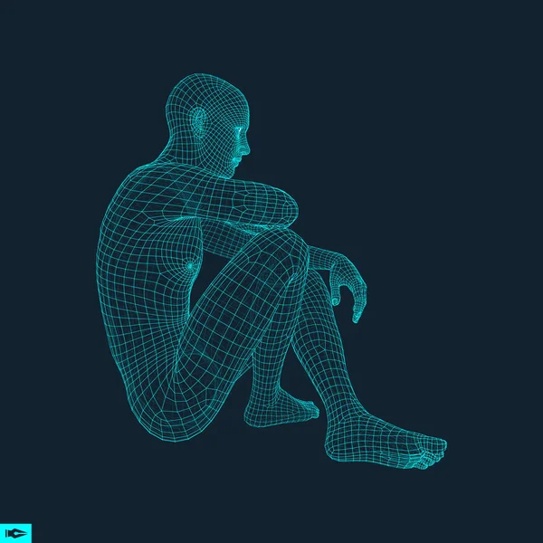 Un hombre en una postura de pensador. Modelo 3D del Hombre. Diseño geométrico. Modelo de alambre de cuerpo humano. Negocios, Ciencia, Psicología o Filosofía Vector Illustration . — Vector de stock