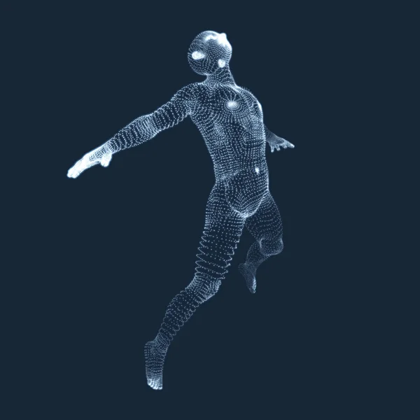 Hombre Saltando. Gráficos vectoriales compuestos de partículas. Modelo 3D del Hombre. Modelo de cuerpo humano. Escaneo corporal. Vista del cuerpo humano . — Archivo Imágenes Vectoriales