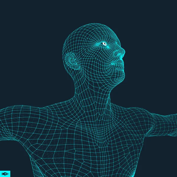 Adam insan vücudu tel modeli 3D modeli. Tasarım öğesi. Teknoloji vektör çizim. — Stok Vektör